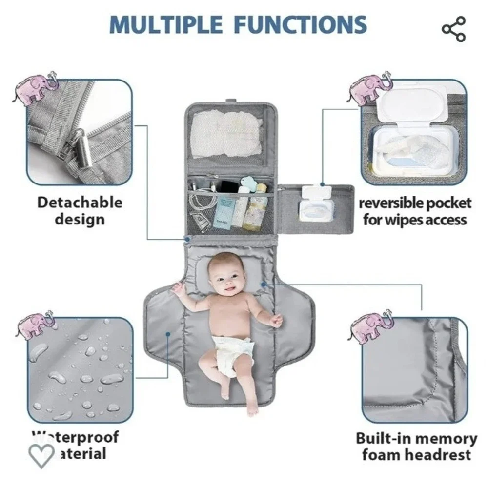 Portable Diaper Changing Pad with Built-in Head Cushion,Newborn Baby Gray